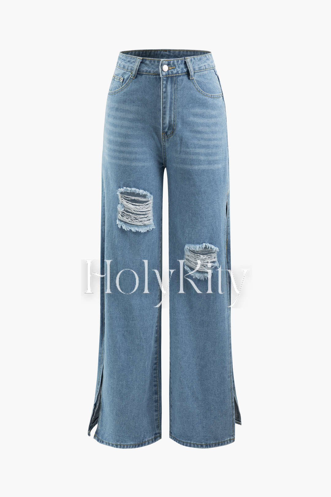 Denim Ripped Split Thigh Wide Leg Jeans