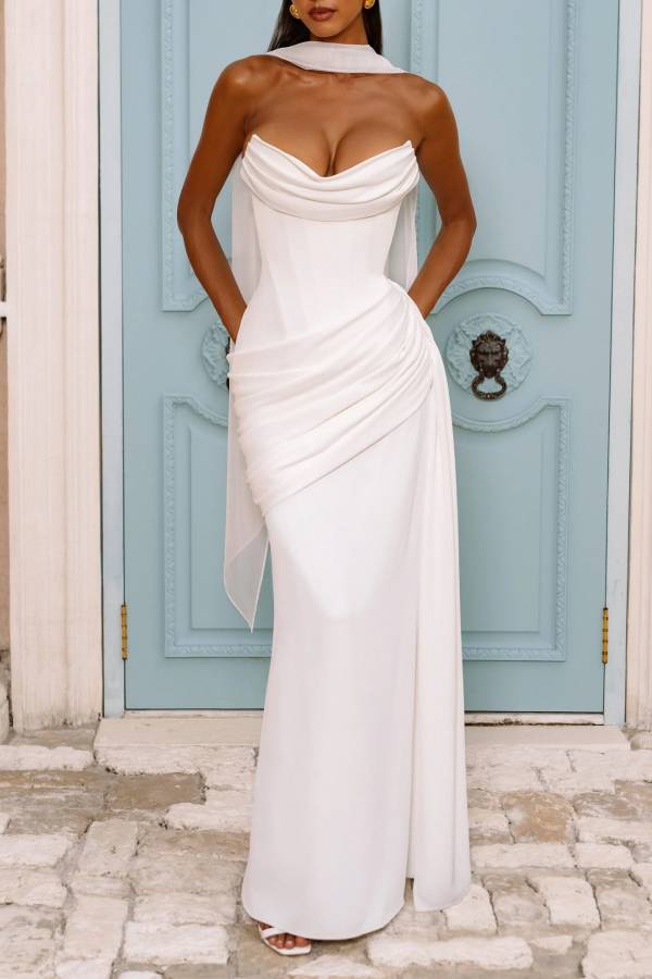 Matisse Strapless Pleated Cowl Overlay Back Lace-up Drape Panel Maxi Dress