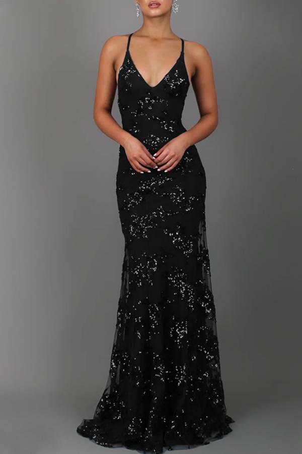 Deep V Spaghetti Strap Gradient Sequin Mermaid Evening Dress