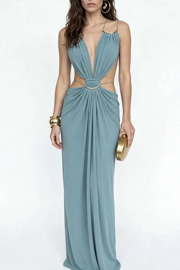 Metal Ring Deep V Cutout Waist Draped Maxi Vacation Party Dress