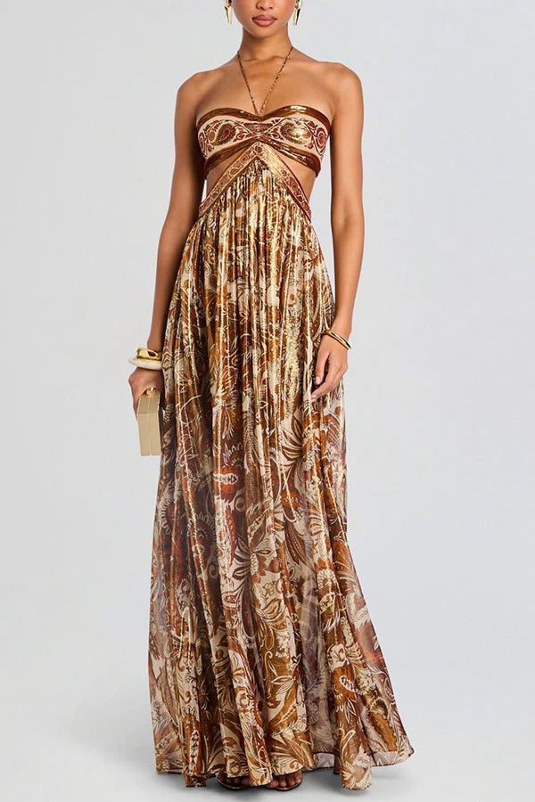 Bohemian Flair Chiffon Golden Paisley Print Cutout Halter Maxi Dress