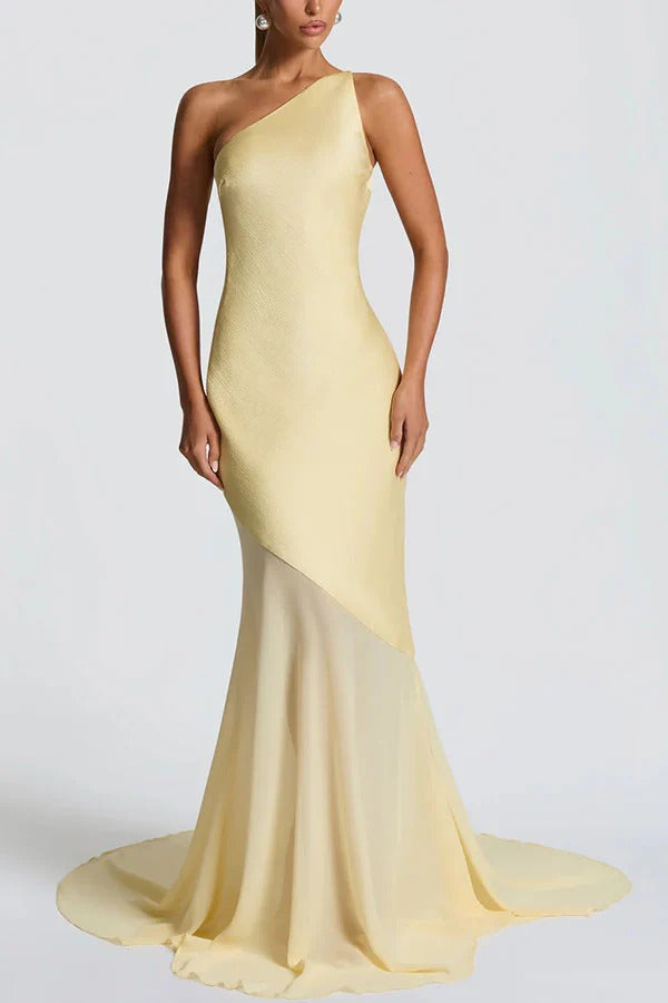 Fable Satin One Shoulder Back Adjustable Straps Contrast Chiffon Hem Maxi Dress