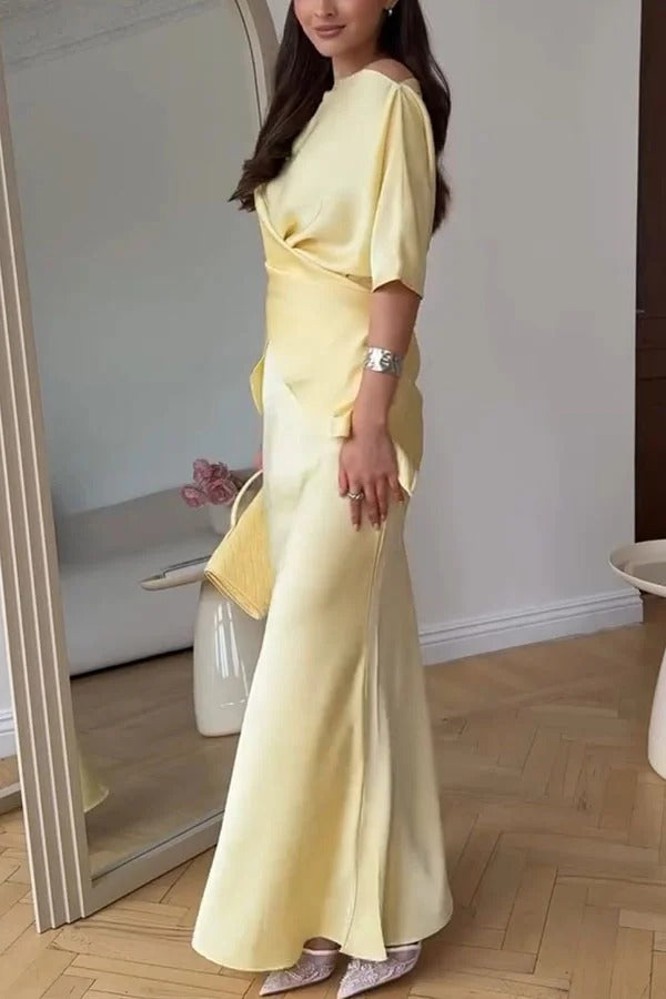 Secret of Elegance Satin Slit Back Lace-up Top and Elastic Waist Flare Maxi Skirt Set