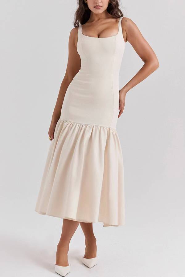 Square Neck Cami Ruffle Hem Midi Dress