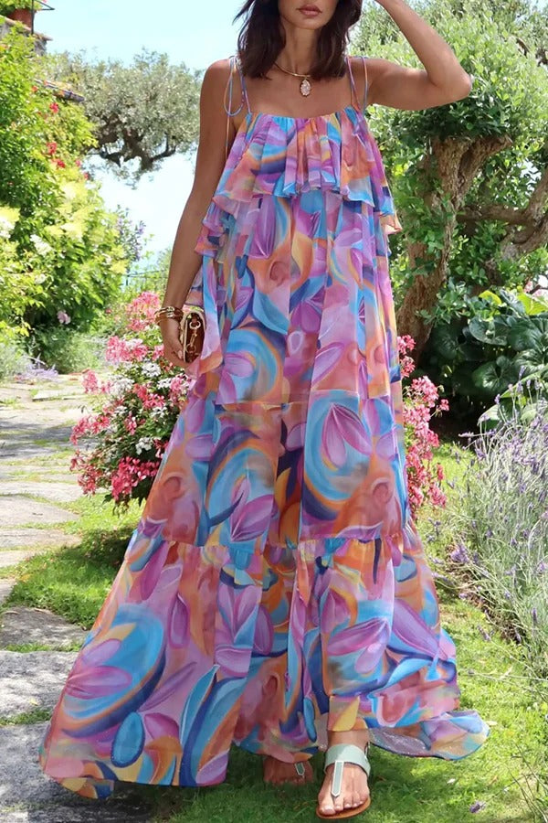 Francesca Chiffon Colorful Print Ruffle Neckline Slip A-line Maxi Dress