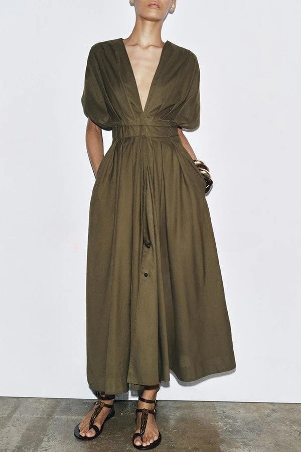 Casual Times Pleated Drop Sleeve Lace-up Pocketed Midi Dress