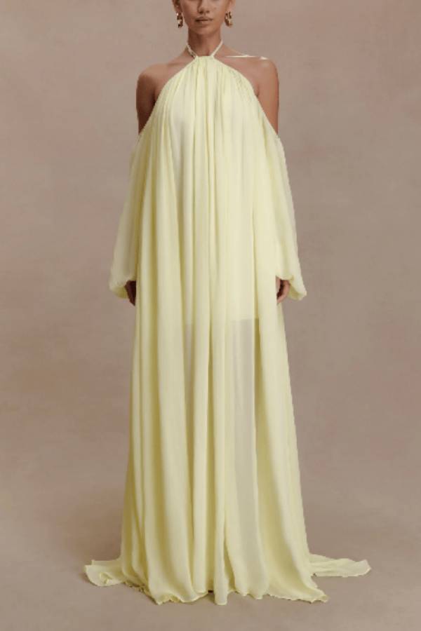 Halter Off‑Shoulder Open‑Back Chiffon Floor‑Length Evening Gown