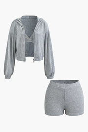 Solid Bra top And Zip Up Hoodie And Biker Shorts 3pc Set