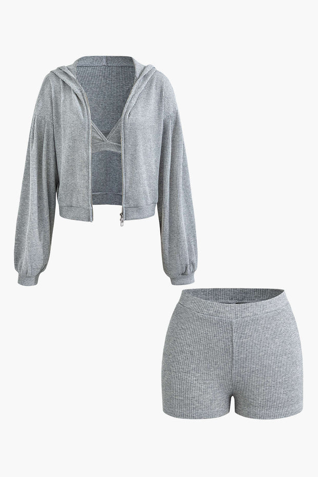 Solid Bra top And Zip Up Hoodie And Biker Shorts 3pc Set