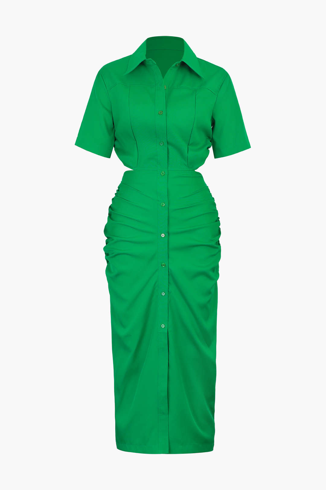 Robe chemise mi-longue à découpes et fronces 