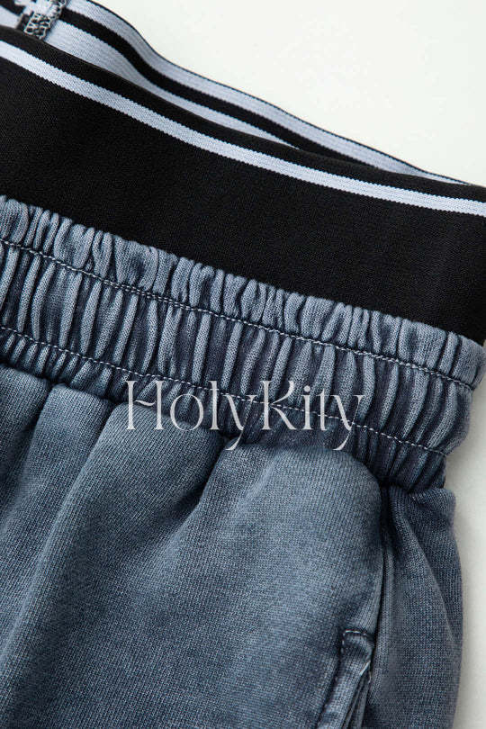 Contrast Tie Waist Ruched Trim Straight Leg Pants