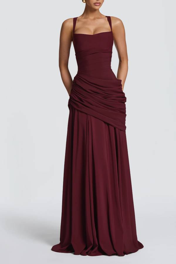Stylish Spaghetti Strap Square Neck Slim-fit Elegant Pleated Maxi Dress
