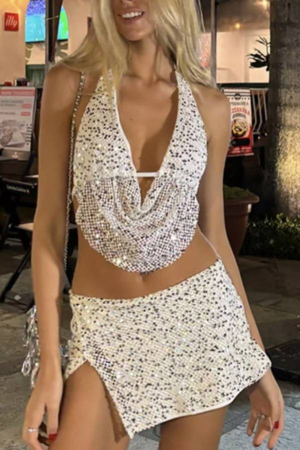 Halter Cowl Neck Sequin Mesh Two Piece Set, Irregular Slit Mini Skirt Outfit