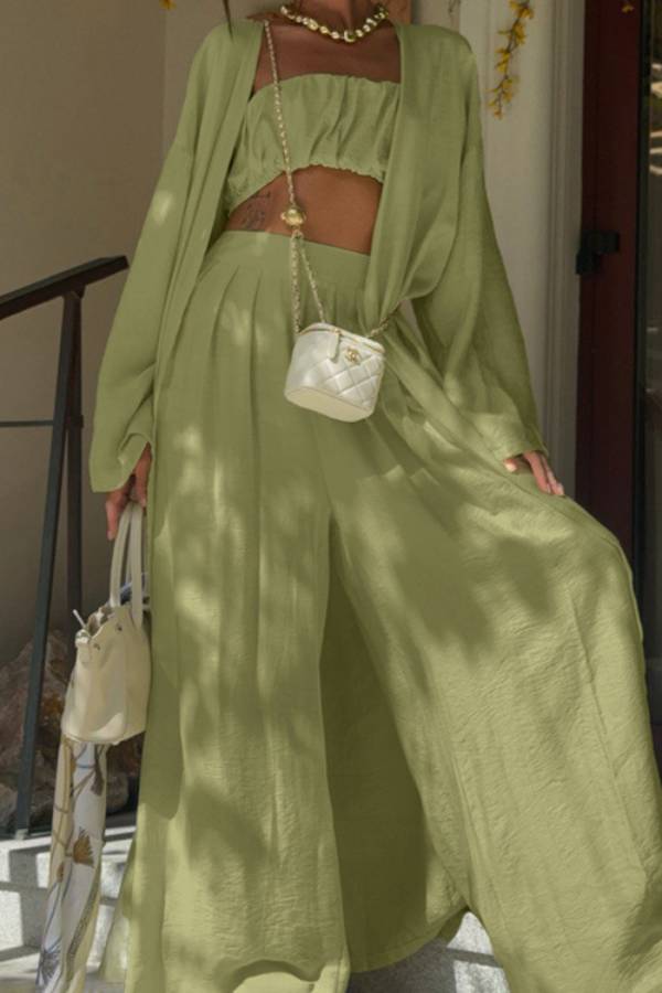 Sage Green Tube Top Cardigan Wide Leg Pants Three-Piece Set