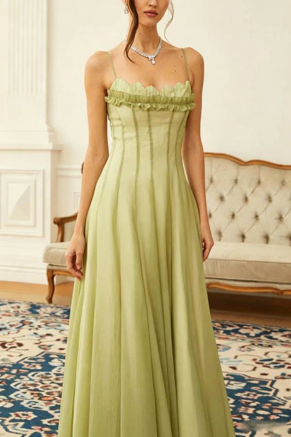 Dreamy Tulle Ruffled Shirred Corset Back Smocked Slip Maxi Dress