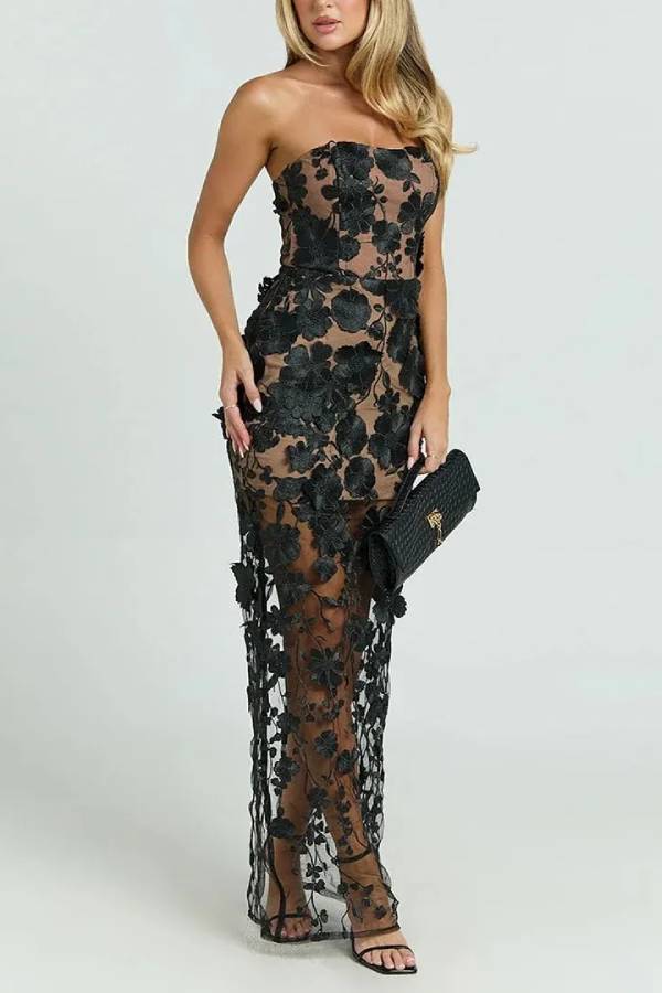 Sienna Floral Embroidered Fabric Off Shoulder Mermaid Silhouette Slit Maxi Dress