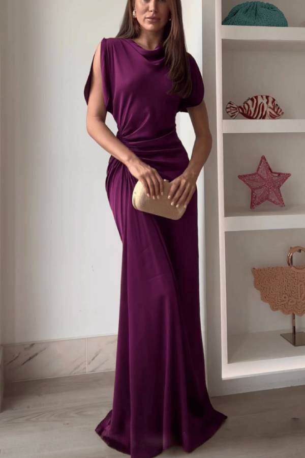 Draped Neck Ruched Satin Evening Gown