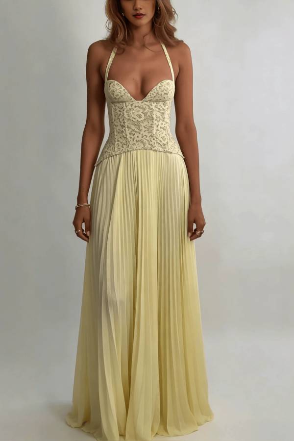 Halter Lace Corset Pleated Chiffon Maxi Evening Gown