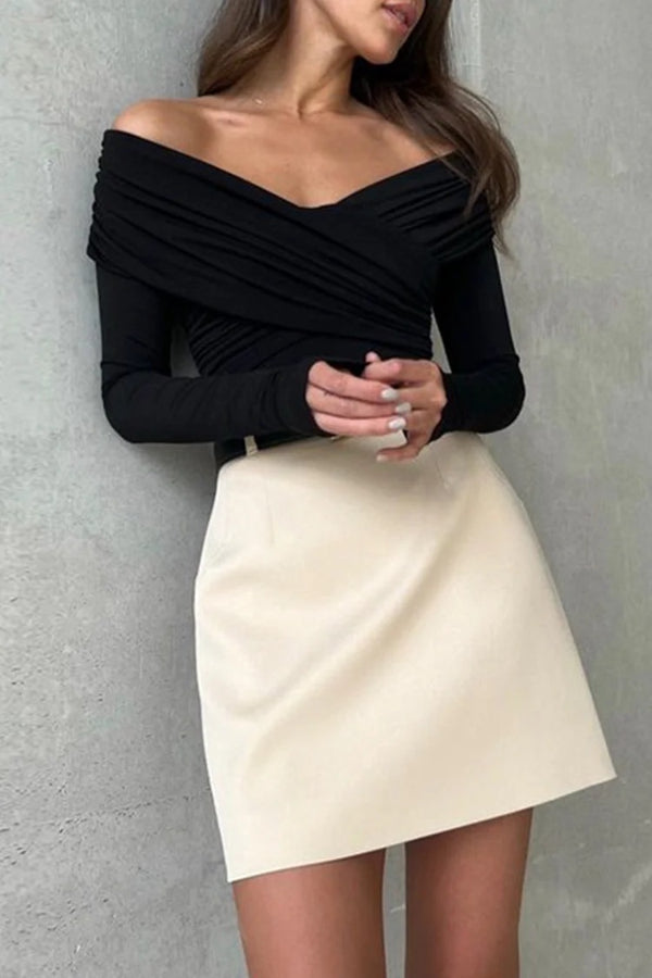 V Neck Off Shoulder Wrapped Ruched Slim Fit Bodysuit-White