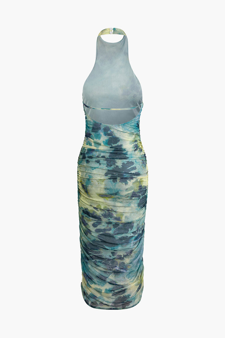 Robe midi froncée en maille tie-dye à col licou 