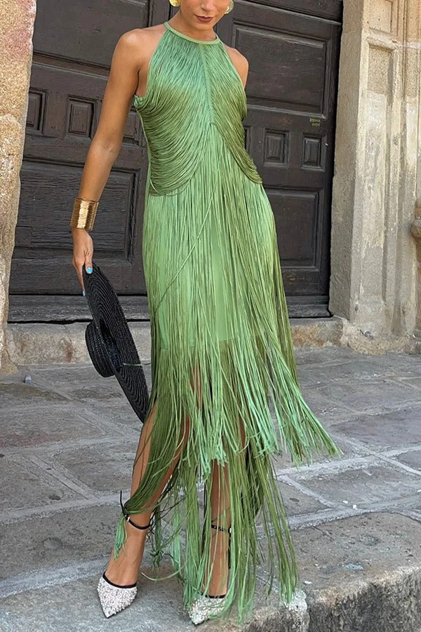 Fashion Sleeveless Halter Neck Elegant Tassel Slim Maxi Dress