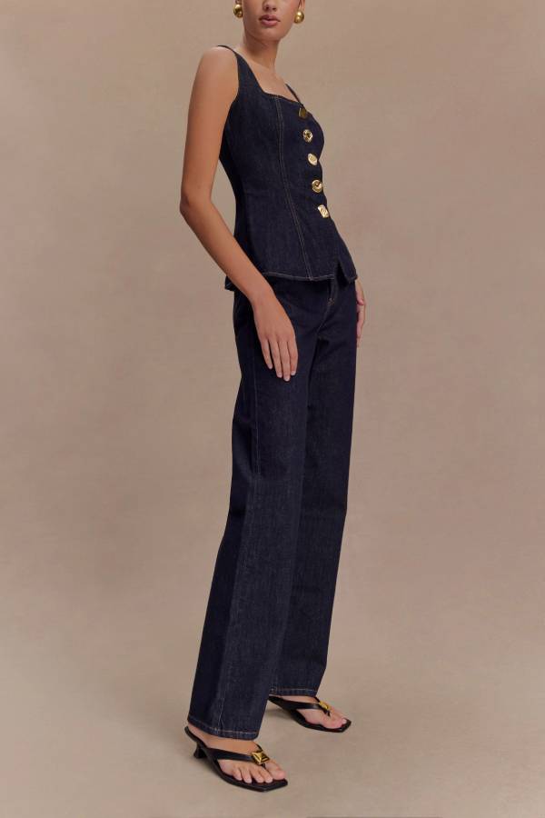 Stassi Denim Square Neck Unique Button Up Princess Seams Vest Top