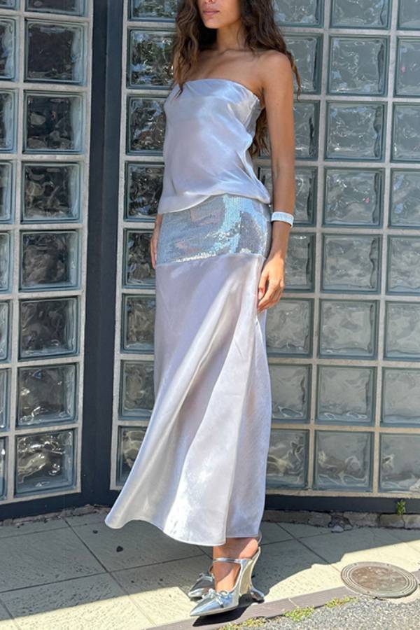 Iridescent Sheer Sequin‑Panel Midi Dress