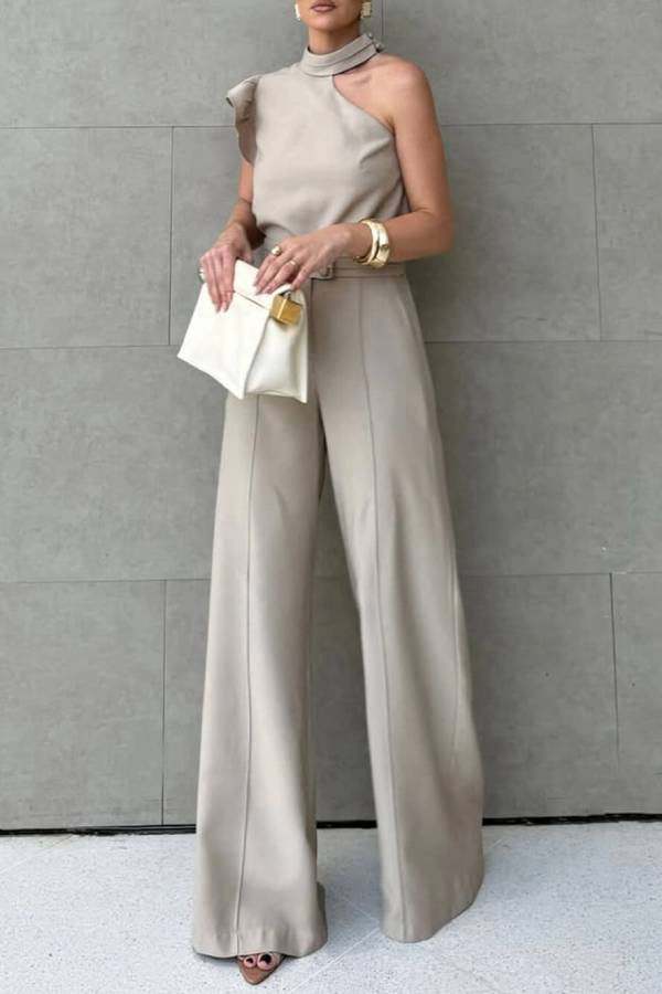 Fashionable One-shoulder Ruffled Top and Casual Simple Straight-leg Suit Pants Set