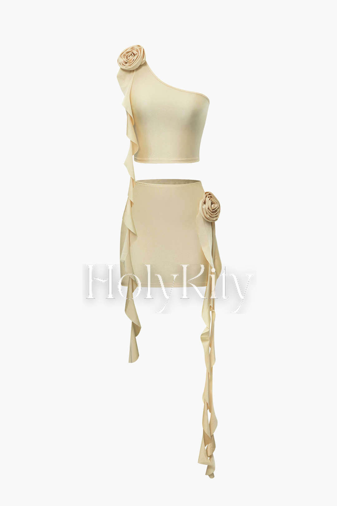 Rose Ruffel One Shoulder Tank Top And Mini Skirt Set