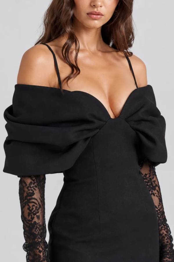 Women Black Cold Shoulder Bow Mini Dress and Sheer Lace Maxi Skirt Two Piece Set