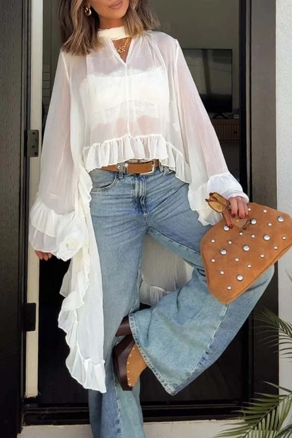 Flowy See-through Ruffle Tie-up Neck Bell Sleeve High-low Hem Cape Shirt