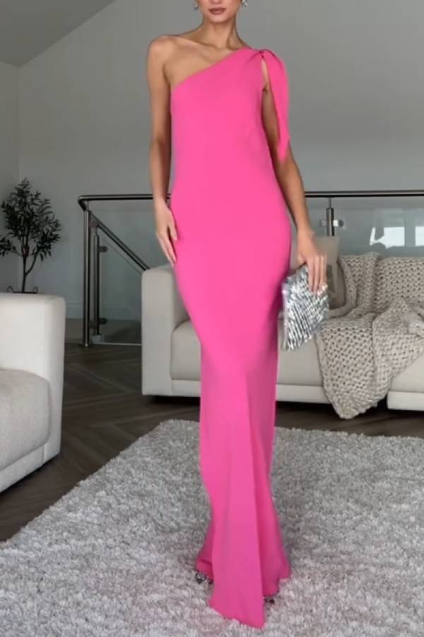 One-shoulder tie-up slit fitted long dress