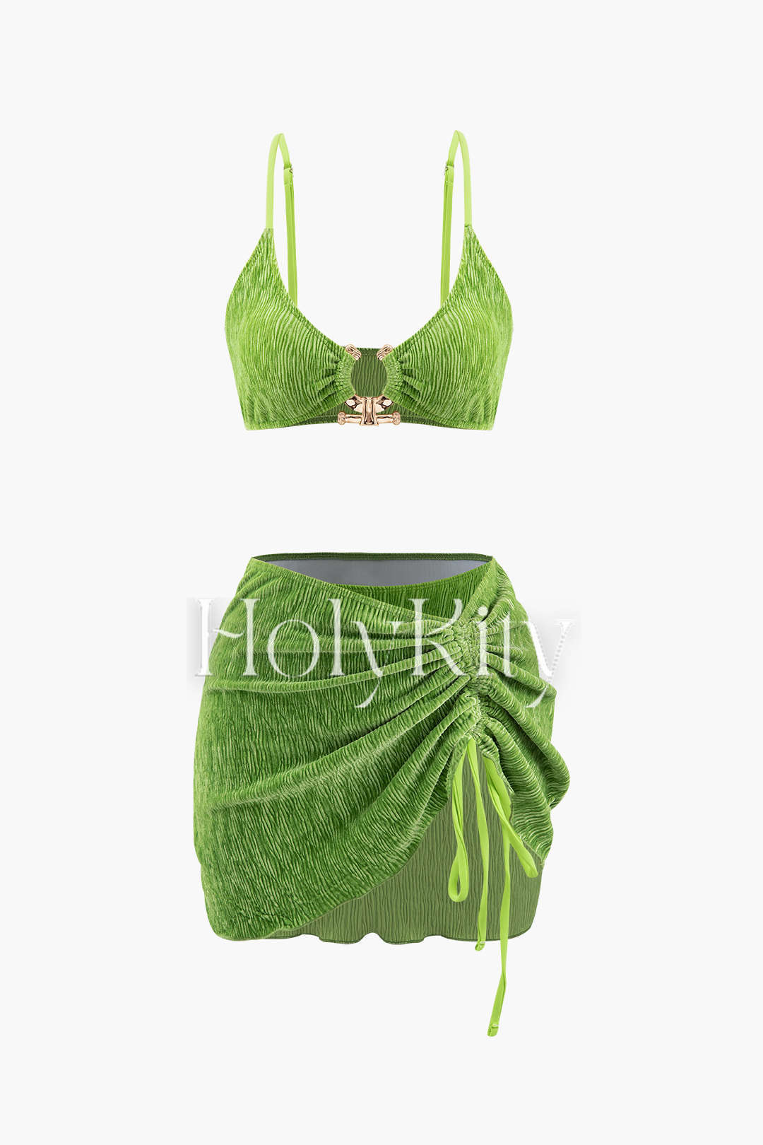3-teiliges Set aus Bikini und Sarong mit Samtstruktur und U-Ring 