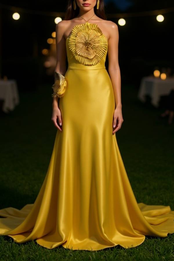 Ginger Satin 3D Flower Halter Neck Maxi Evening Dress