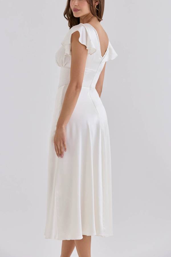 Lace Trim V Neck Flutter Sleeve Satin Midi Dress