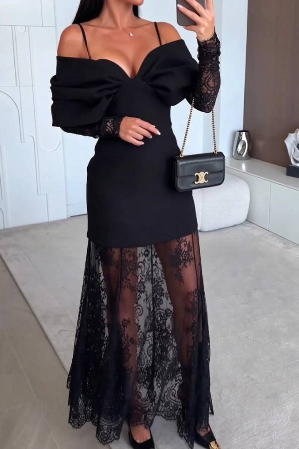 Women Black Cold Shoulder Bow Mini Dress and Sheer Lace Maxi Skirt Two Piece Set