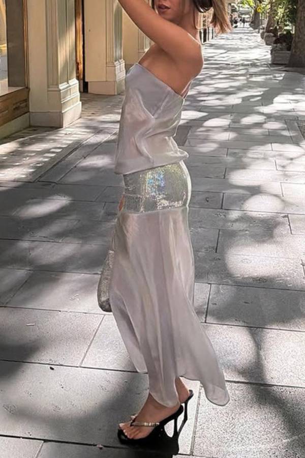 Iridescent Sheer Sequin‑Panel Midi Dress