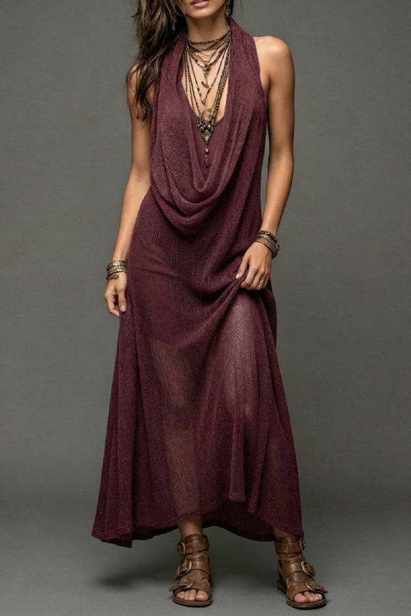 Boho Halter Cowl Neck Mesh Knit Maxi Dress