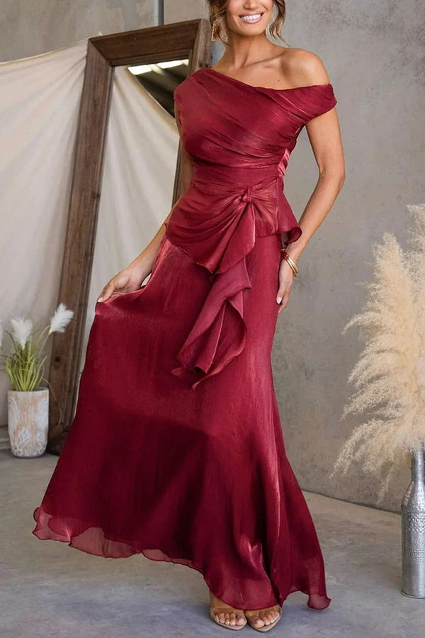 Yara Metallic One Shoulder Ruched Ruffle Hem Top and High Rise Flare Maxi Skirt Set