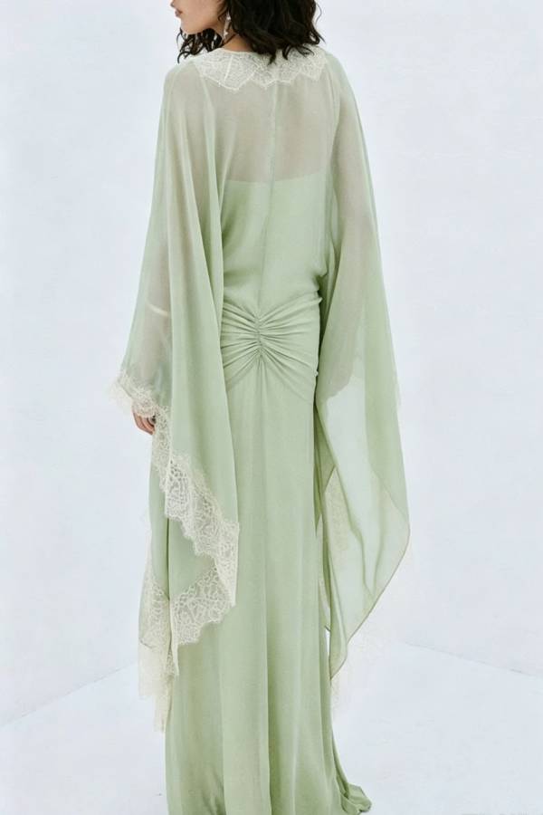 Evita Georgette Lace Trim Kaftan-style Sleeve Ruched Hip Maxi Dress