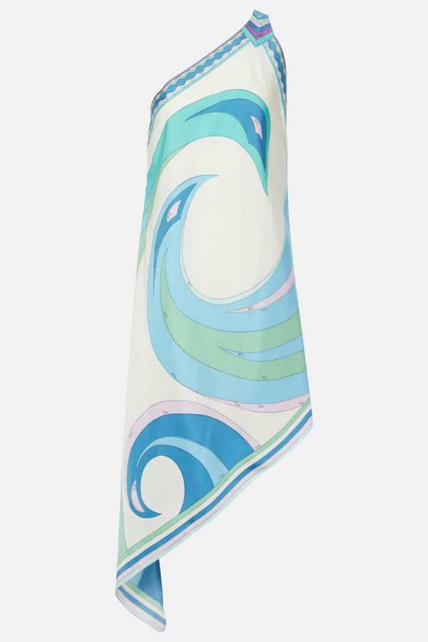 On Island Satin Unique Print One Shoulder Irregular Hem Vacation Midi Dress