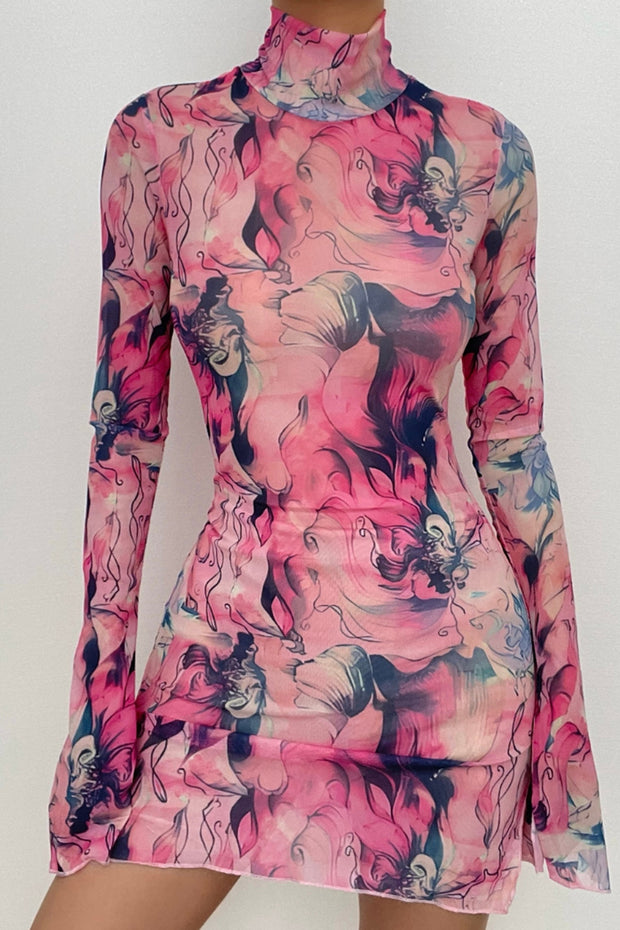 Sheer mesh see through print high neck slit long sleeve mini dress