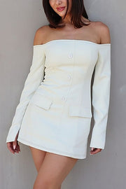 Off Shoulder Long Sleeve Button Up Decorative Flap Pockets Mini Dresses-Brown