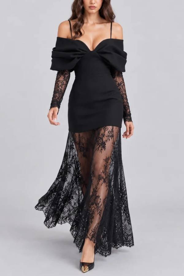 Women Black Cold Shoulder Bow Mini Dress and Sheer Lace Maxi Skirt Two Piece Set