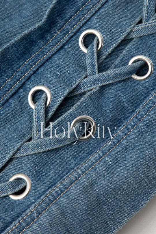 Eyelet Tie Denim Mini Skirt