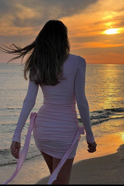 Solid Long Sleeve Round Neck Slim Fit Ribbon Flower Mini Dress