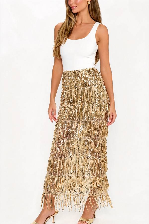 Sadie Ribbed Stretch Tank Layered Sequined Tassels Hem Maxi Dress