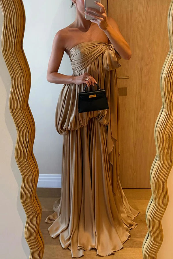 Shimmer Rhythm Satin Tie-up Bust Puff Hem Strapless Drape Maxi Dress