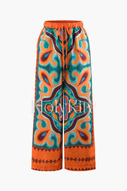 Tropical Print Tie Waist Wide Leg Pants