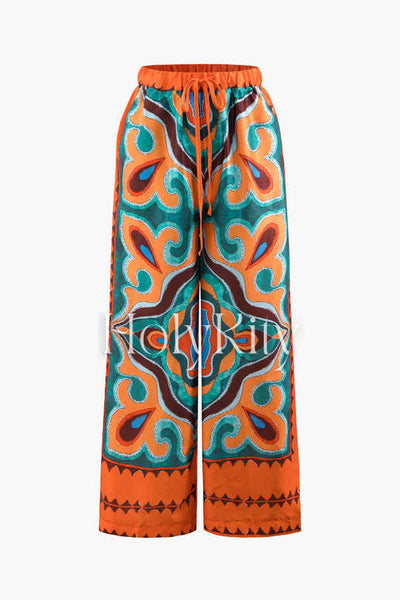 Tropical Print Tie Waist Wide Leg Pants